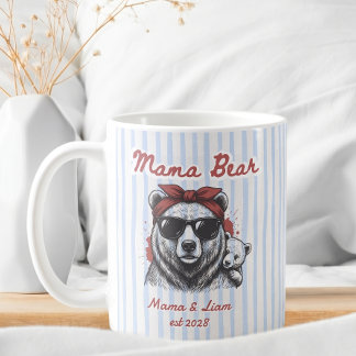 Cute Mama Bear Personalized Blue Stripes Mom gift Coffee Mug
