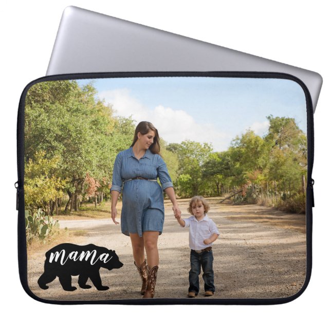 Cute Mama Bear Silhouette with Personalize Photo Laptop Sleeve (Front)