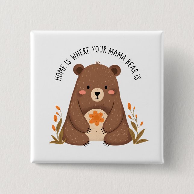 Cute Mama Bear with Flowers Button (Front)