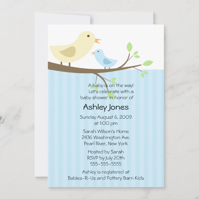 Cute Mama Bird & Baby Boy Baby Shower Invitation (Front)