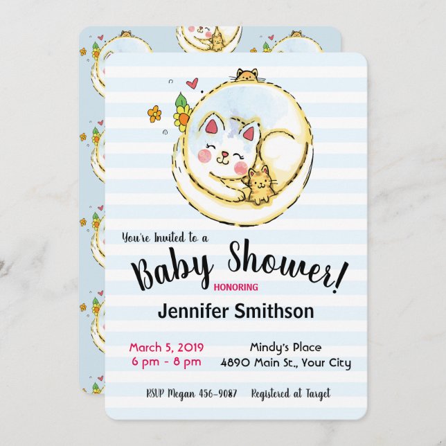 Cute Mama Cat and Kittens Baby Shower Invitations (Front/Back)