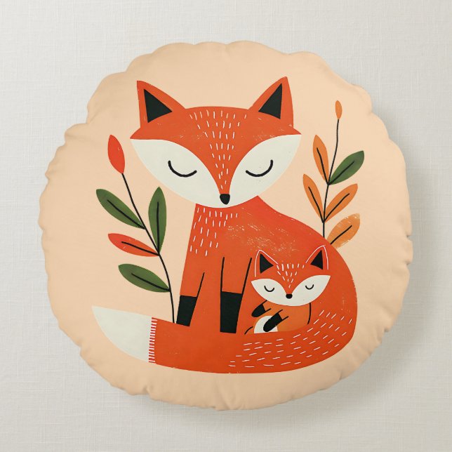 Cute Mama Fox& Baby Cub Whimsical Woodland Nursery Round Pillow (Front)