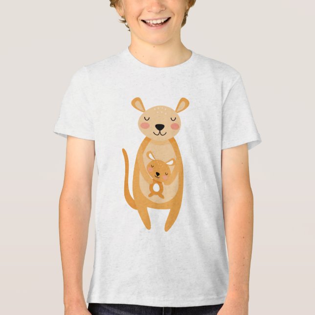 Cute Mama Kangaroo Hugging Baby Joey Illustration Tri-Blend Shirt (Front)