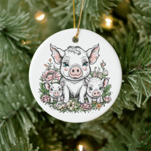 Cute Mama Pigs and Piglets in Flowers Ceramic Ornament