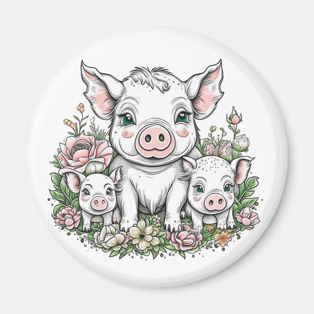 Cute Mama Pigs and Piglets in Flowers Magnet (Front)
