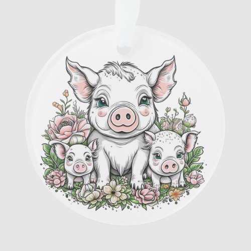 Cute Mama Pigs and Piglets in Flowers Ornament