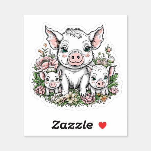 Cute Mama Pigs and Piglets in Flowers Sticker