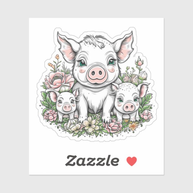 Cute Mama Pigs and Piglets in Flowers Sticker (Sheet)