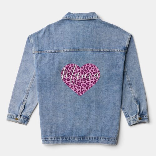 Cute Mama Word Art on Pink Leopard Patterned Heart Denim Jacket