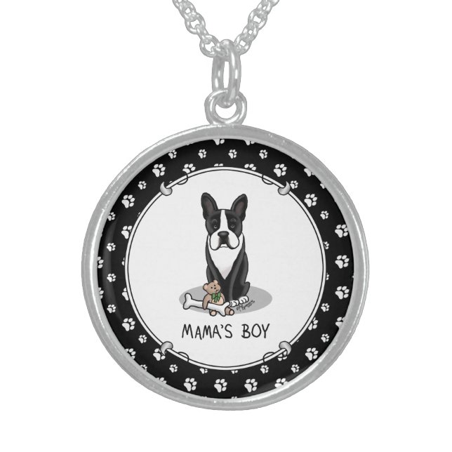 Cute Mama's Boy Boston Terrier (black) Sterling Silver Necklace (Front)
