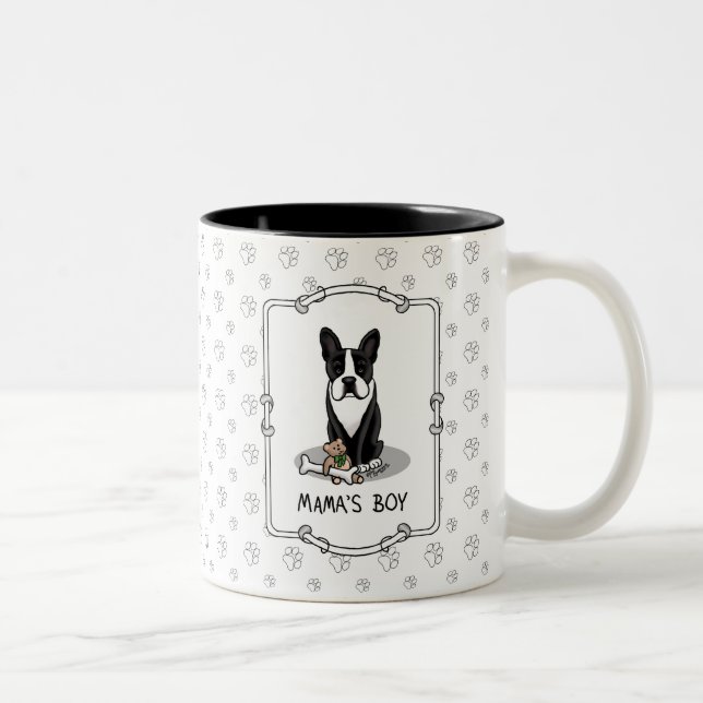 Cute Mama's Boy Boston Terrier (black) Two-Tone Coffee Mug (Right)