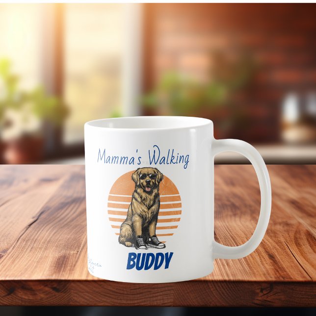 Cute Mama's Walking Buddy Coffee Mug (Fun Design of a golden Retriever, Personalize)