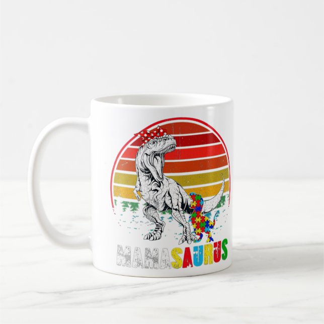 Cute Mamasaurus T rex Dinosaur Mama Autism Awarene Coffee Mug (Left)