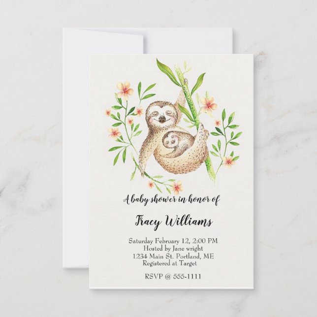Cute mamma and baby sloth invitation (Front)