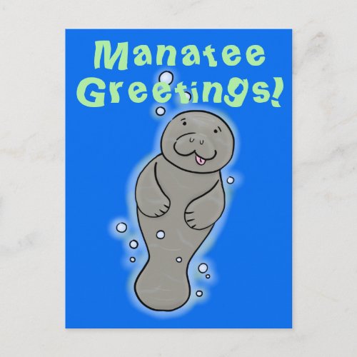 Cute manatee cartoon illustration postcard