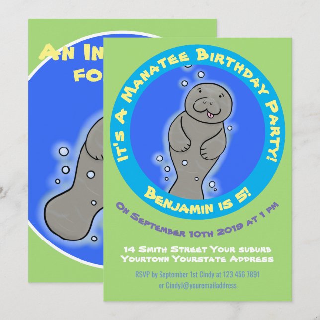Cute manatee cartoon  invitation (Front/Back)