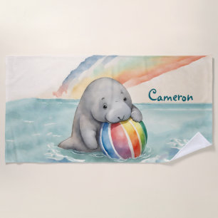Cute Manatee Gender Neutral Personalized Beach Towel