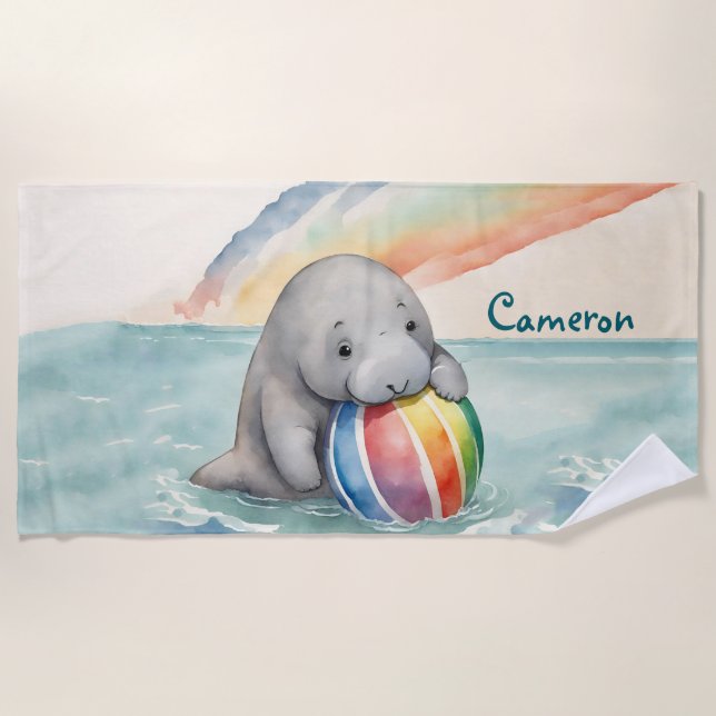 Cute Manatee Gender Neutral Personalized Beach Towel (Front)