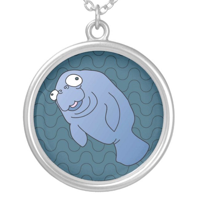 Cute Manatee Hugger Cartoon Animal Silver Plated Necklace (Front)
