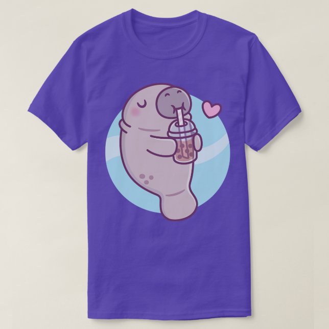 Cute Manatee Loves Drinking Boba Tea T-Shirt (Design Front)
