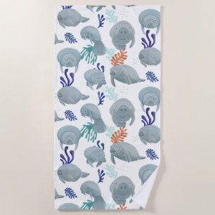 Cute Manatees With Bubbles Pattern  Beach Towel