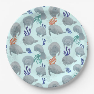 Cute Manatees With Bubbles Pattern - Light Blue Paper Plates