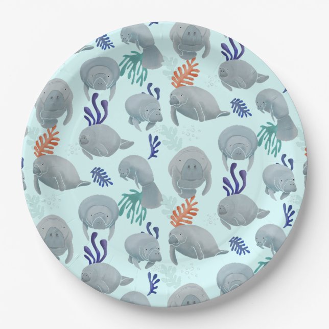 Cute Manatees With Bubbles Pattern - Light Blue Paper Plates (Front)