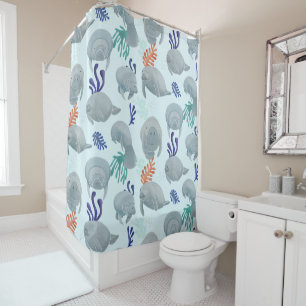 Cute Manatees With Bubbles Pattern - Light Blue Shower Curtain