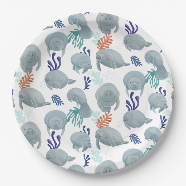 Cute Manatees With Bubbles Pattern - White Paper Plates (Front)