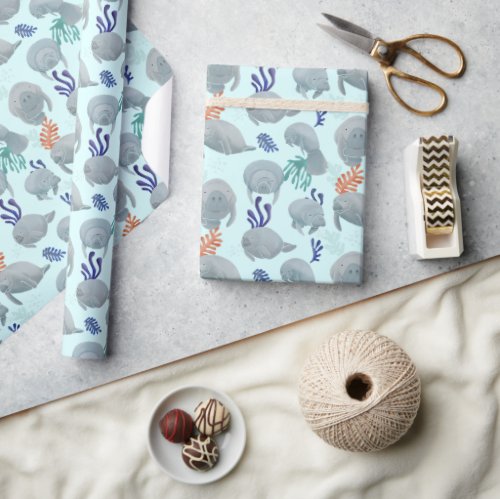 Cute Manatees With Bubbles Pattern Wrapping Paper