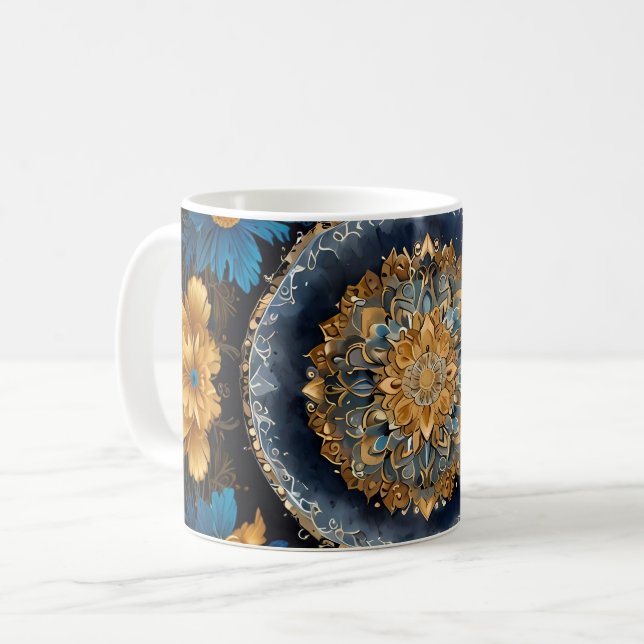 Cute Mandala Design on blue background with Gold  Coffee Mug (Front Left)