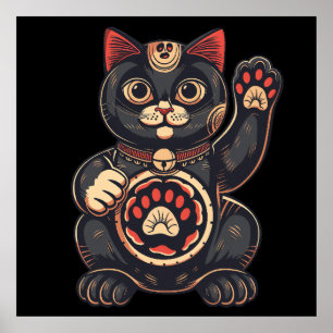 cute Maneki Neko cat print drawn Japanese