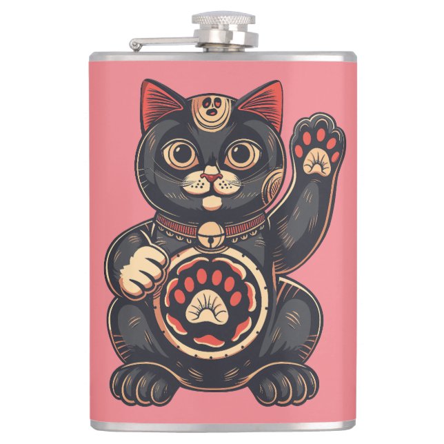  cute Maneki Neko cat print drawn Japanese  Flask (Front)