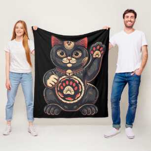 cute Maneki Neko cat print drawn Japanese Fleece Blanket