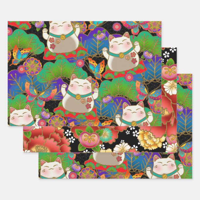 Cute maneki neko  wrapping paper sheets (Set)