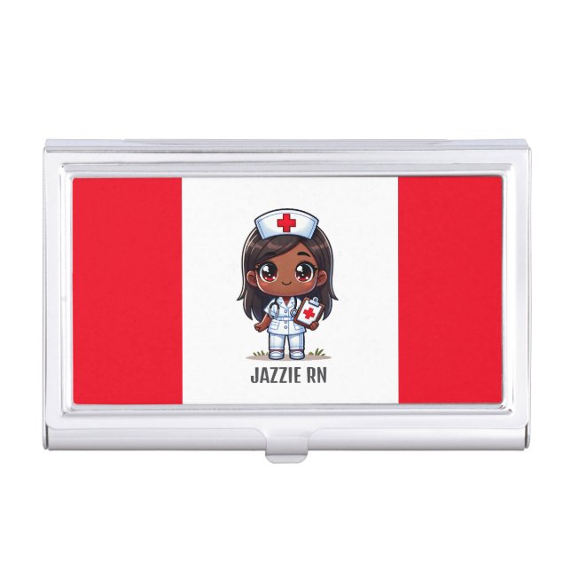 Cute Manga Black Nurse Brown Hair and Eyes Custom Business Card Case (Front)