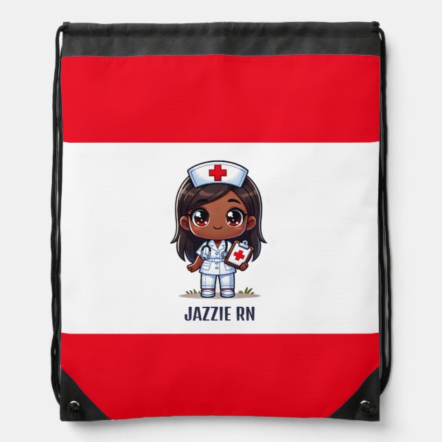 Cute Manga Black Nurse Brown Hair and Eyes Custom Drawstring Bag (Front)
