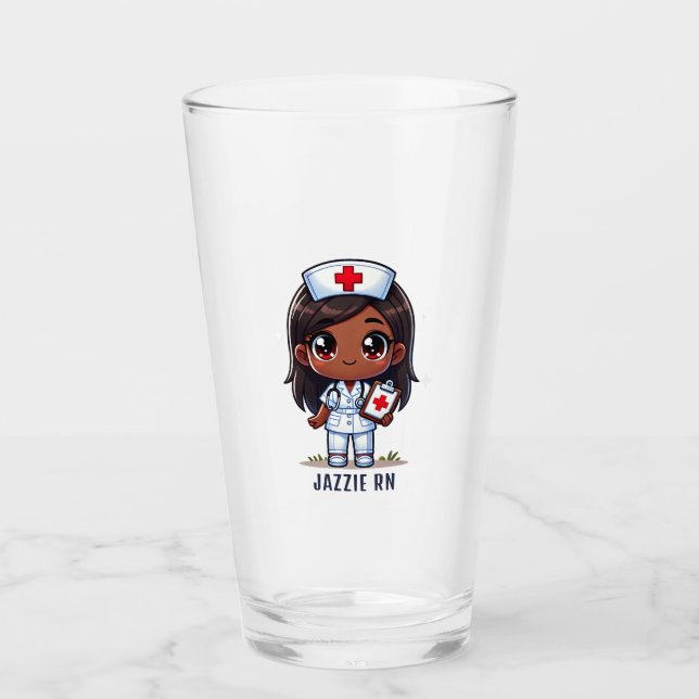 Cute Manga Black Nurse Brown Hair and Eyes Custom Glass (Front)