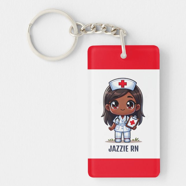 Cute Manga Black Nurse Brown Hair and Eyes Custom Keychain (Front)