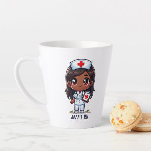 Cute Manga Black Nurse Brown Hair and Eyes Custom Latte Mug