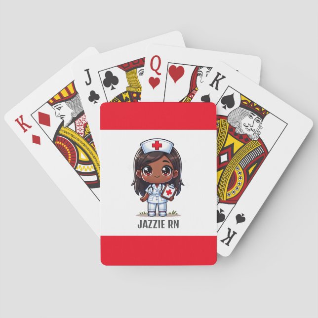Cute Manga Black Nurse Brown Hair and Eyes Custom Poker Cards (Back)