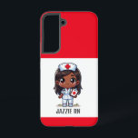 Cute Manga Black Nurse Brown Hair and Eyes Custom Samsung Galaxy S22 Case<br><div class="desc">This phone case for nurses features a cute Manga Black nurse with brown hair and brown eyes wearing a nurses cap and outfit with a name to personalize and red borders. Perfect for a nurse or nursing school graduate. Image generated with AI.</div>