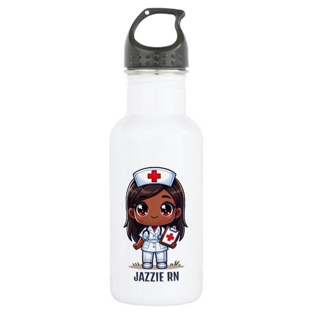 Cute Manga Black Nurse Brown Hair Personalized Stainless Steel Water Bottle (Front)