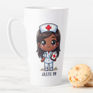 Cute Manga Black Nurse Brunette Brown Eyes Custom Latte Mug