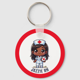 Cute Manga Black Nurse Brunette Caricature Custom Keychain