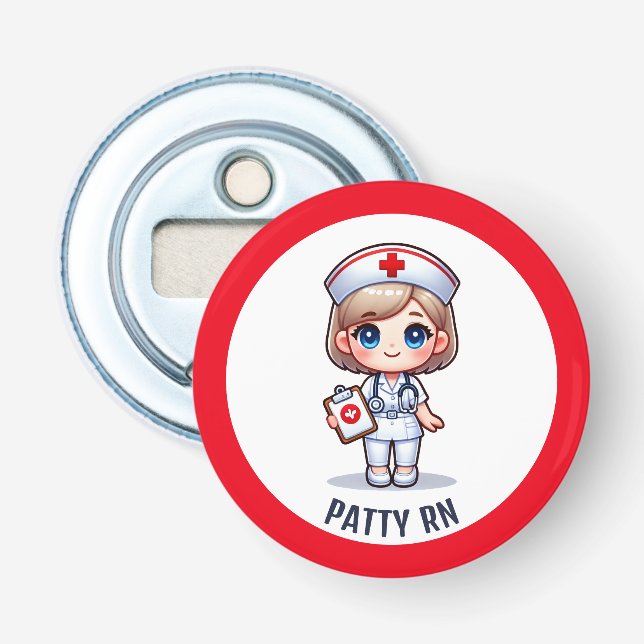 Cute Manga Blonde Nurse Caricature Personalized Bottle Opener (Front)