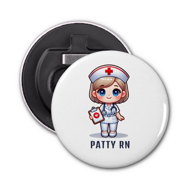 Cute Manga Blonde Nurse Caricature Personalized Bottle Opener (Front)