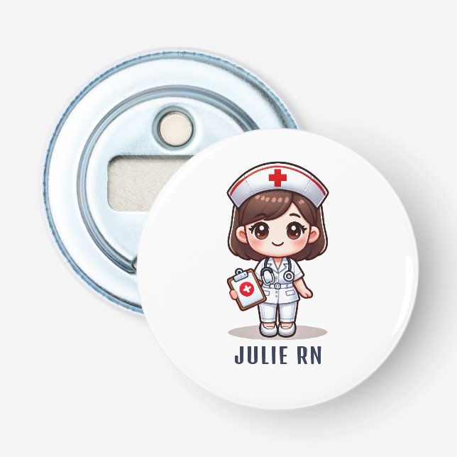 Cute Manga Brunette Nurse Caricature Personalized Bottle Opener (Front)