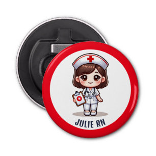 Cute Manga Brunette Nurse Caricature Personalized Bottle Opener