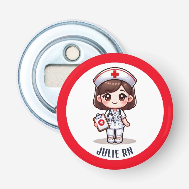 Cute Manga Brunette Nurse Caricature Personalized Bottle Opener (Front)